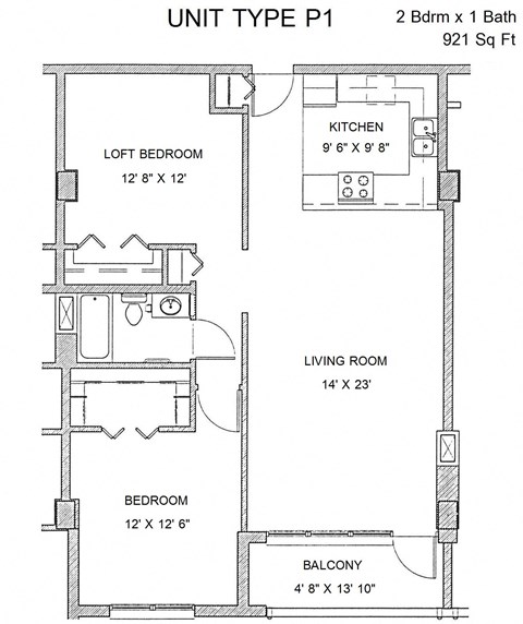 Floor plan for 1 bed, 1 bath, 921 sqft